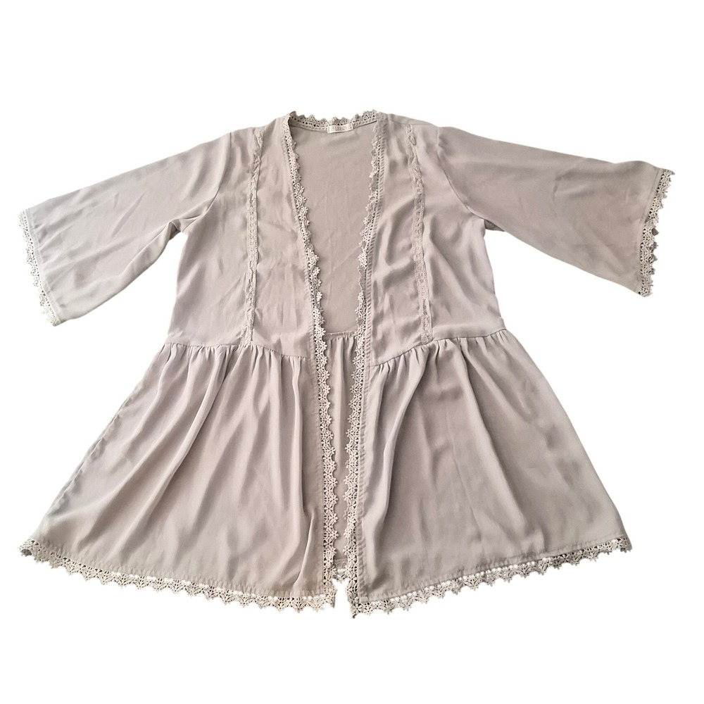 Elesol Lavender Grey Crochet Lace Trim Peplum Open Front Cardigan Medium Womens